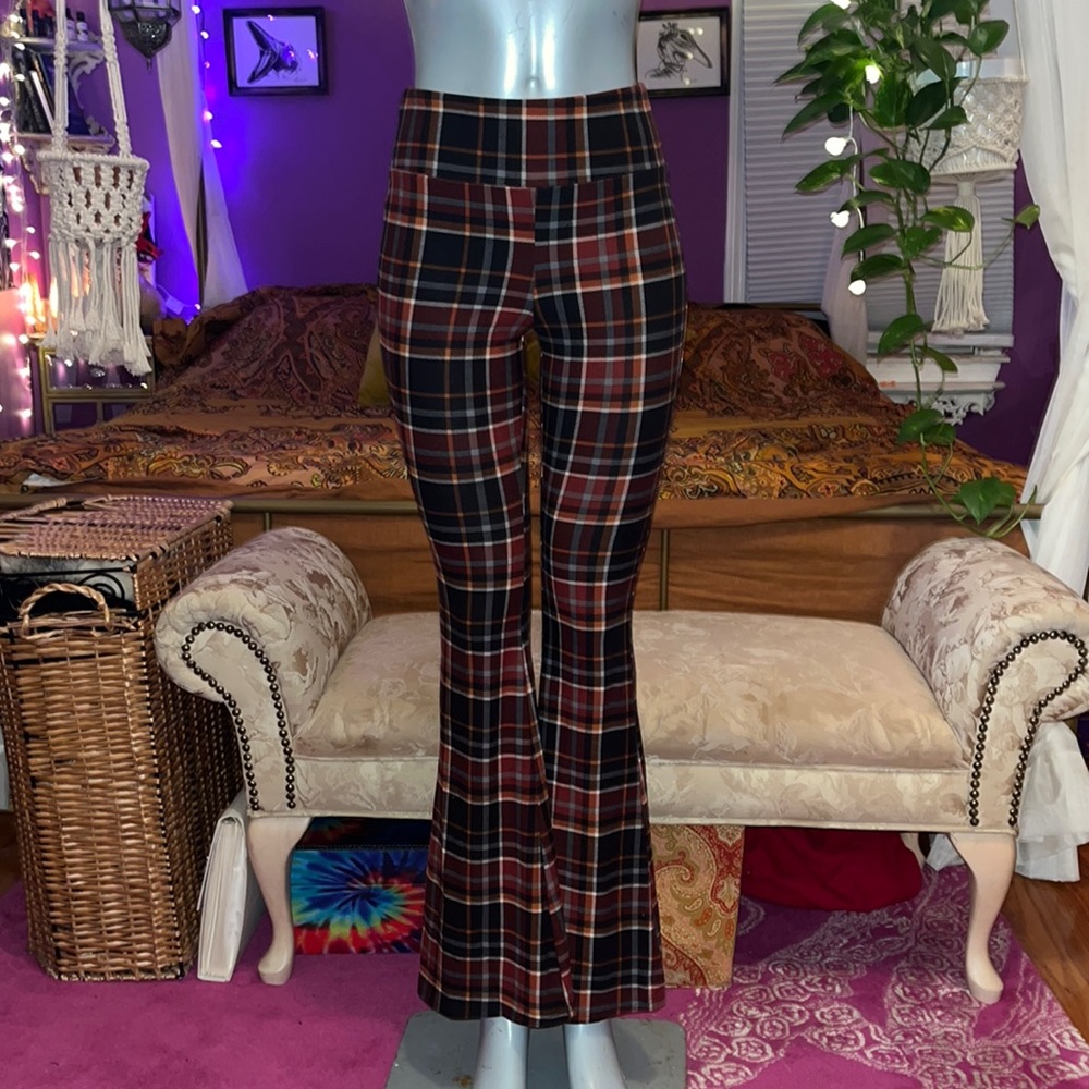 Plaid Bell bottom flare legging pants
